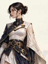 Concept art of the Duelist, a woman in an ivory coat with a navy collar.