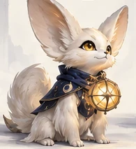 Concept art of the Moon-Fox, a small fox-like creature holding a lantern.