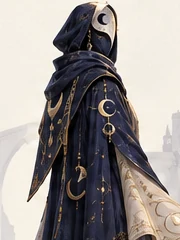 Concept art of the Veiled, a hooded, masked figure in a long robe.